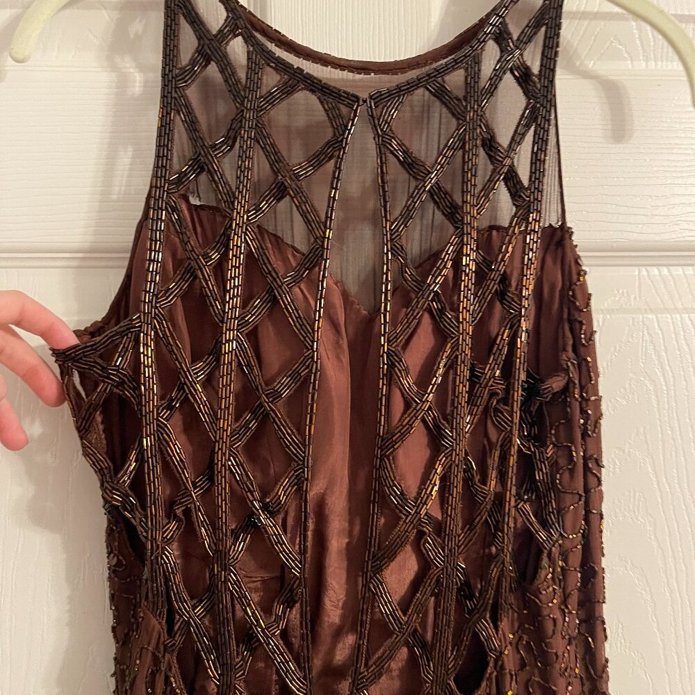 EUC Vintage Sean Collection 100% Silk Brown Beaded Gown Size Large Formal